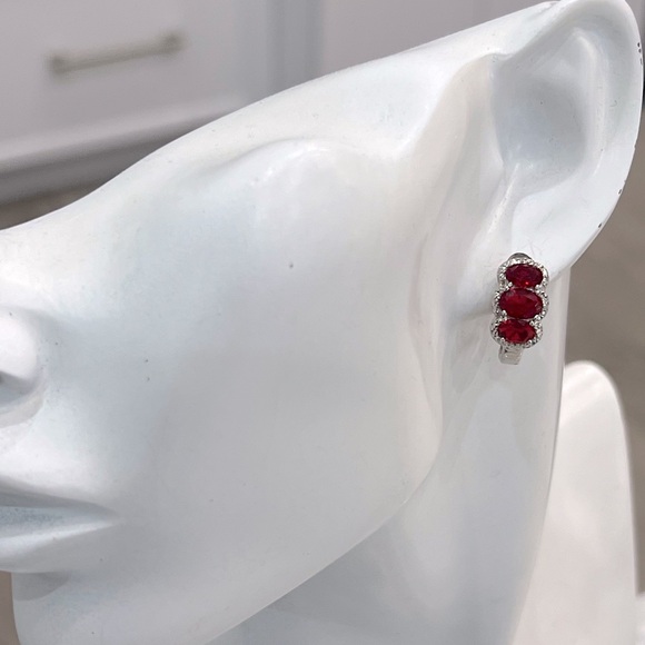 Trilogy Red Gemstone Diamond Accent Latch Back Earrings - Picture 4 of 12